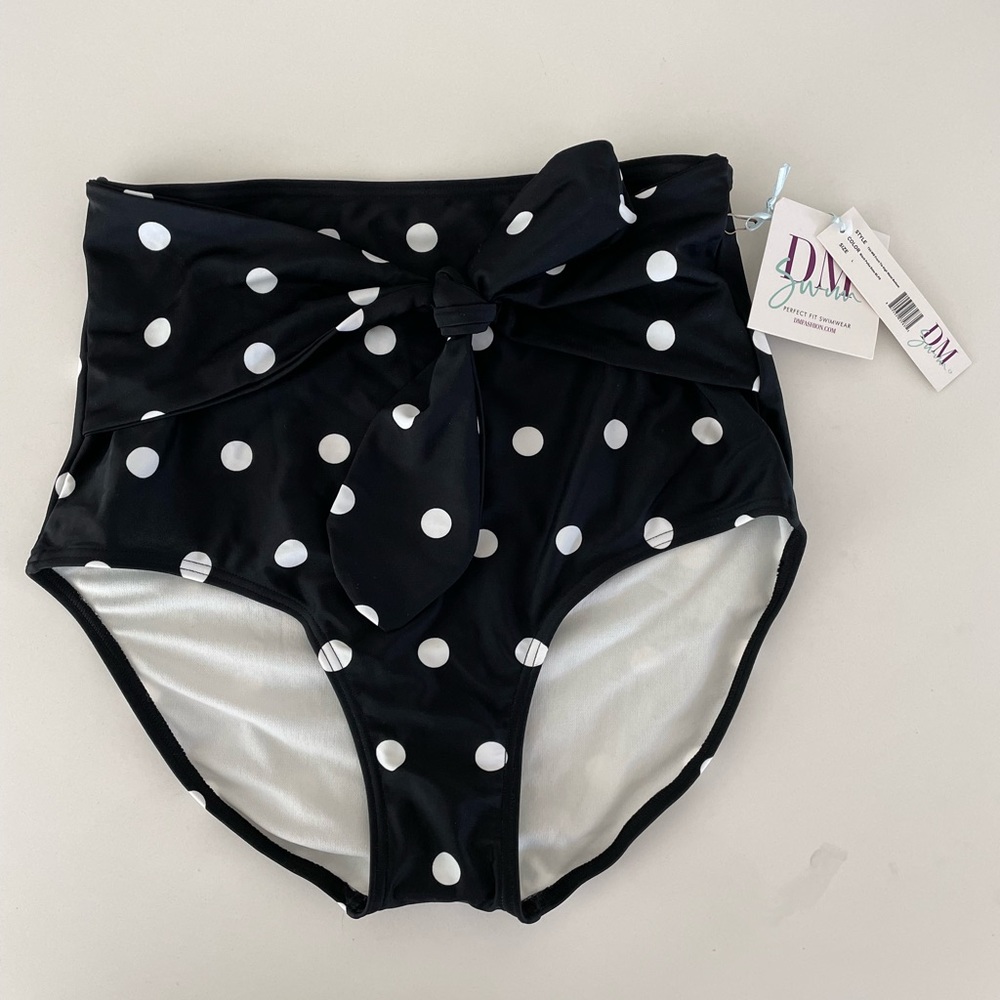 DW Swim Front Tie High Waist Bottom - Black Polla Dot/L